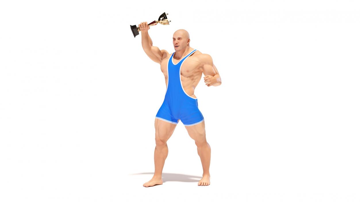 Bodybuilder in Blue Leotard and Trophy Cup 3D