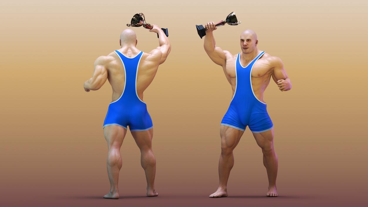 Bodybuilder in Blue Leotard and Trophy Cup 3D