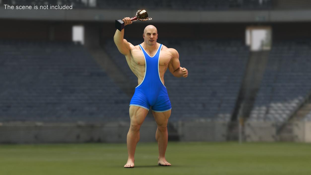 Bodybuilder in Blue Leotard and Trophy Cup 3D