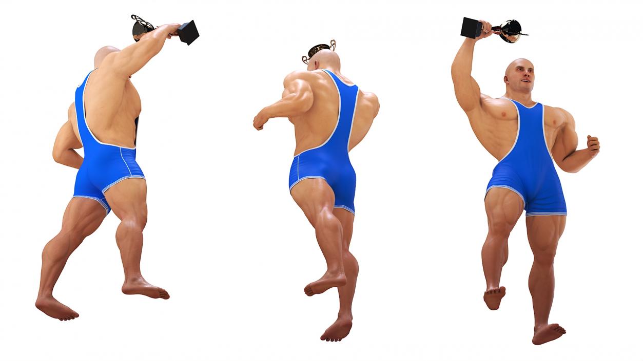 Bodybuilder in Blue Leotard and Trophy Cup 3D