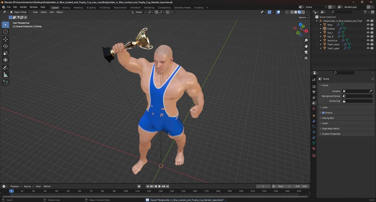 Bodybuilder in Blue Leotard and Trophy Cup 3D