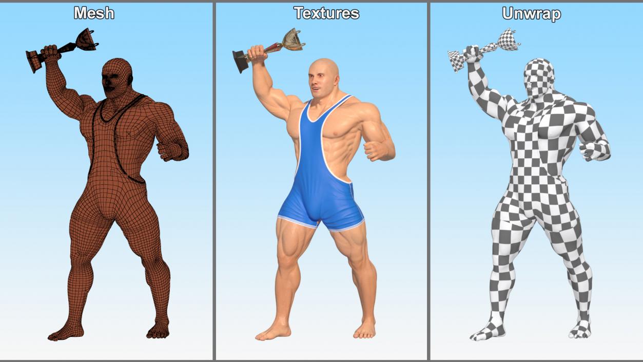 Bodybuilder in Blue Leotard and Trophy Cup 3D