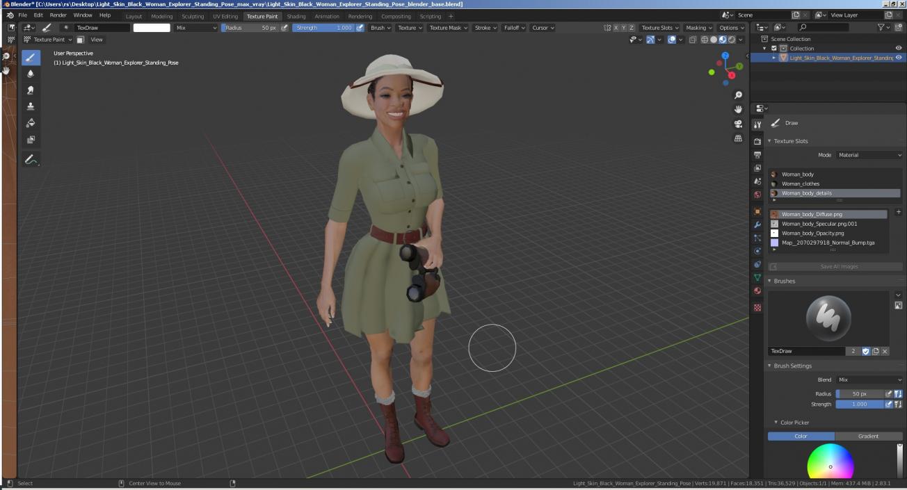 3D model Light Skin Black Woman Explorer Standing Pose