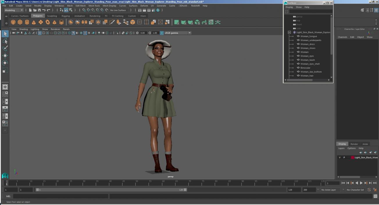 3D model Light Skin Black Woman Explorer Standing Pose