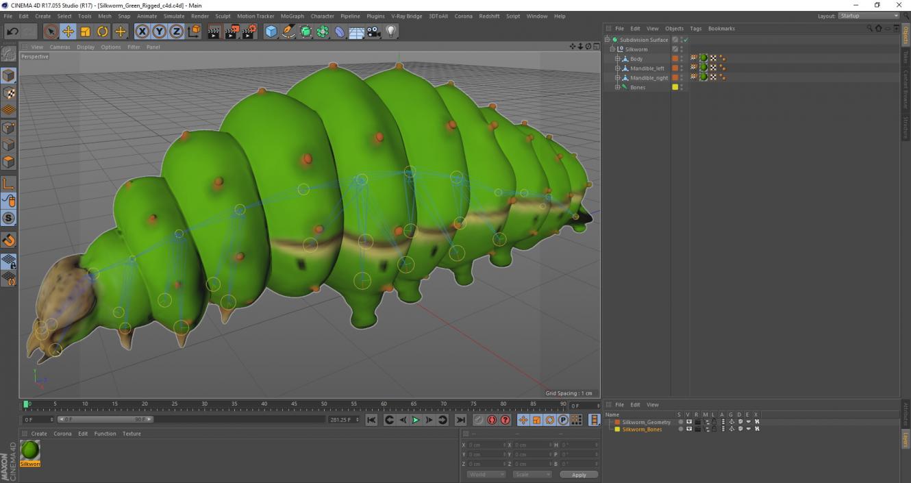 3D model Silkworm Green Rigged for Cinema 4D