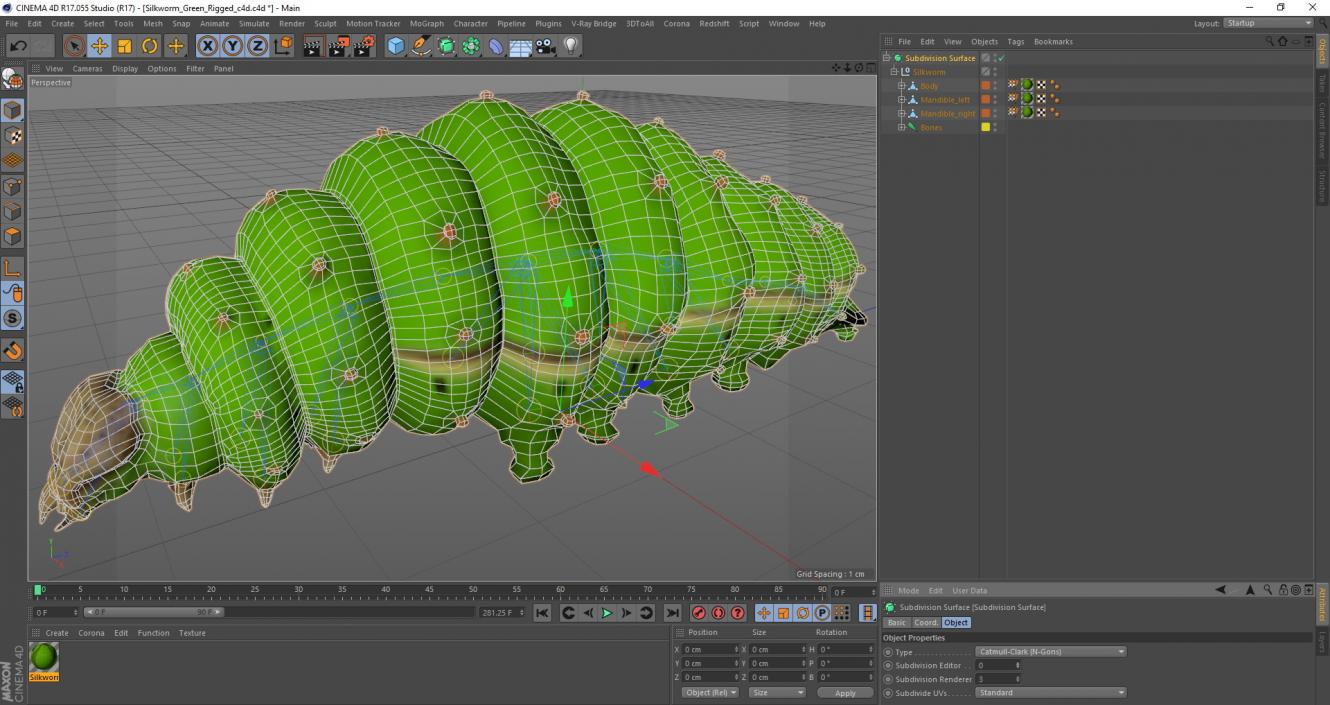 3D model Silkworm Green Rigged for Cinema 4D