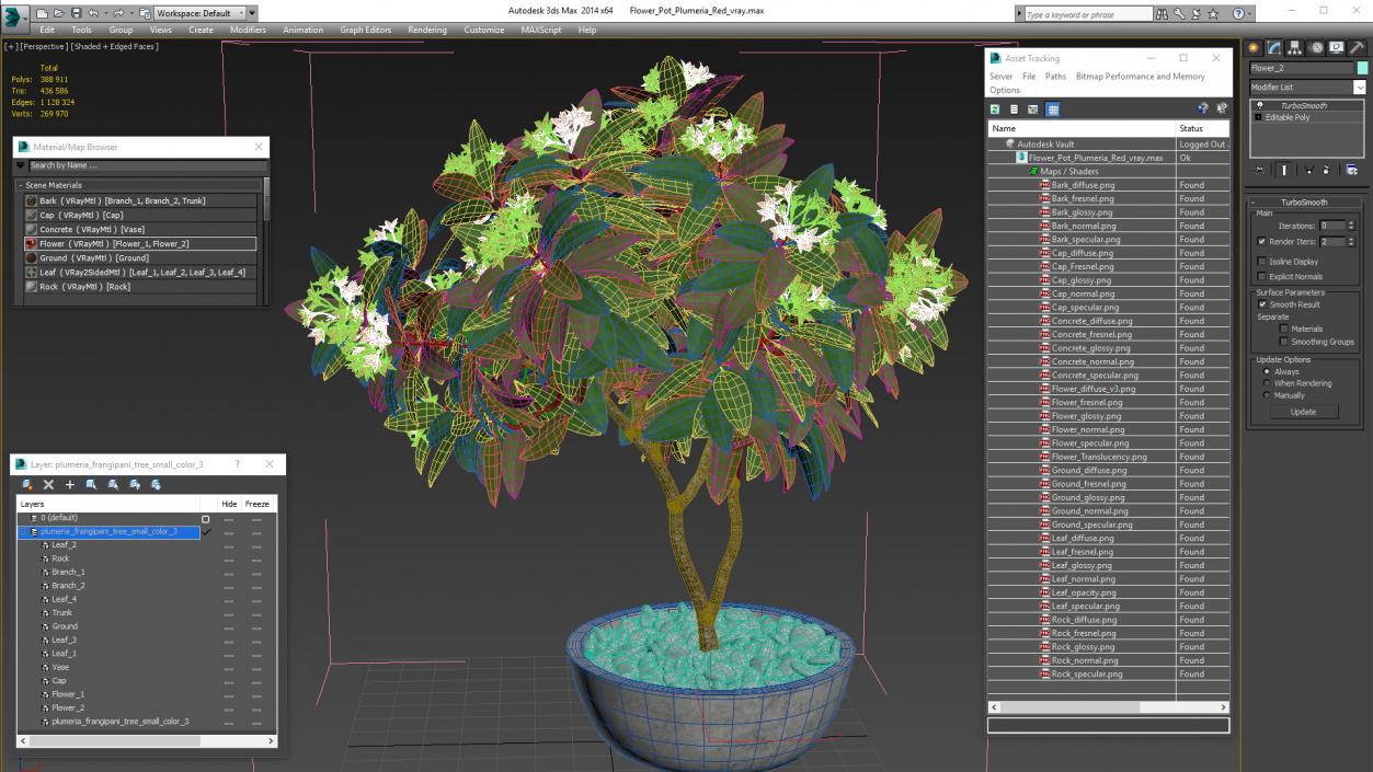 3D Flower Pot Plumeria Red model