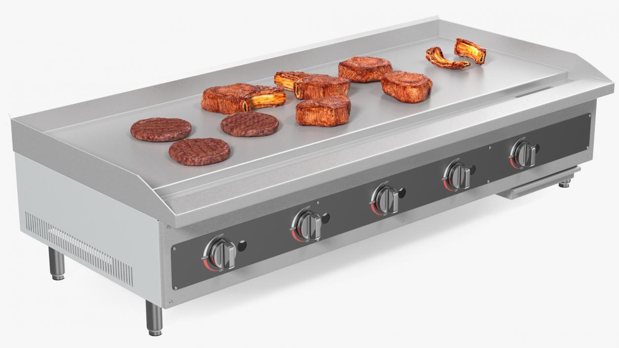 Large Flat Top Gas Countertop Griddle with Meat 3D