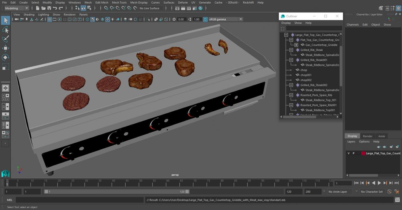 Large Flat Top Gas Countertop Griddle with Meat 3D