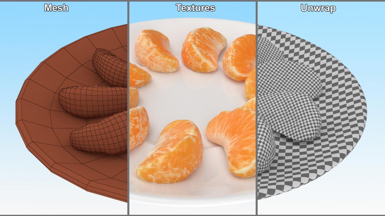 3D Peeled Mandarin Orange Segments on White Plate