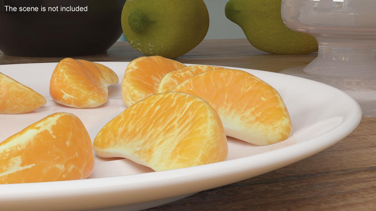 3D Peeled Mandarin Orange Segments on White Plate