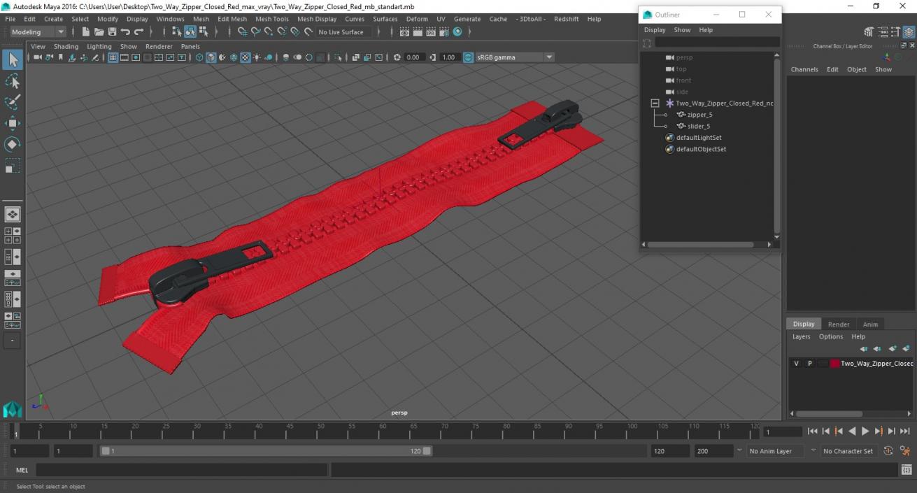 3D model Two Way Zipper Closed Red