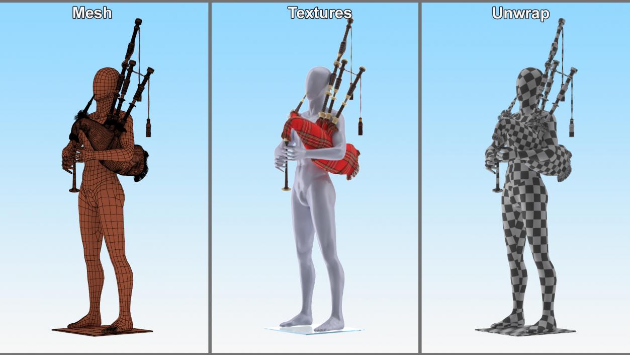 3D Mannequin with Scottish Red Bagpipes 2 model