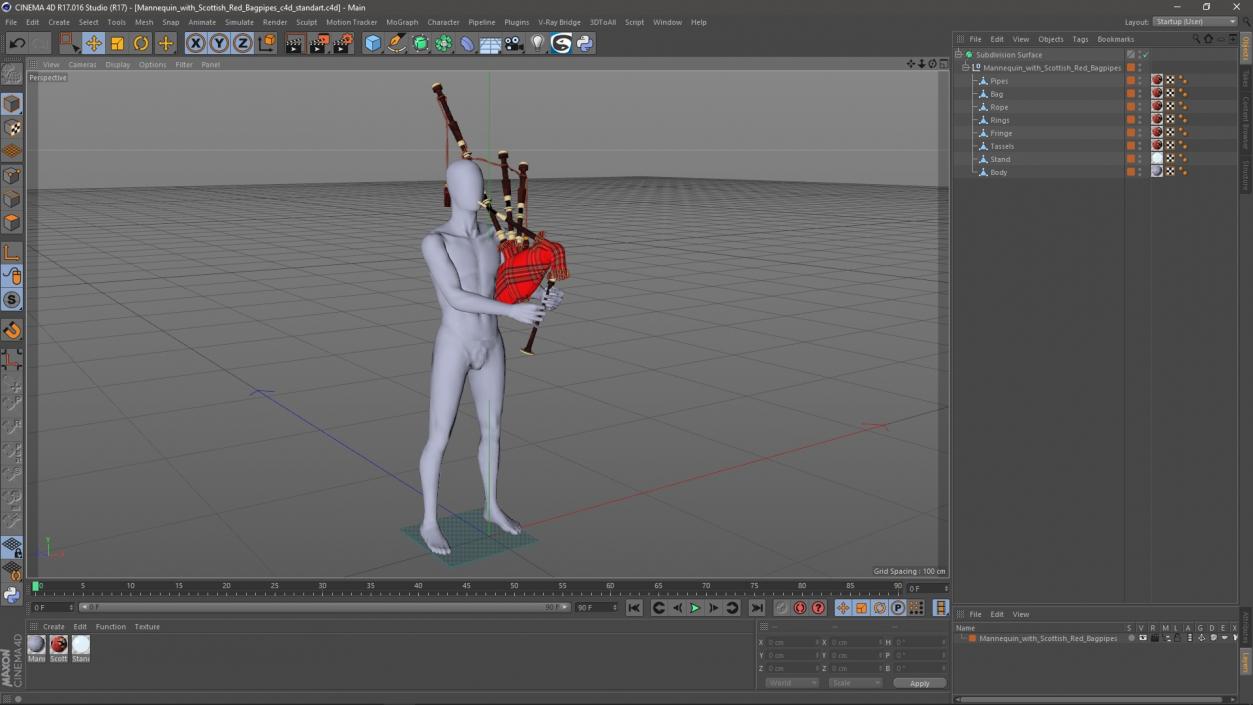 3D Mannequin with Scottish Red Bagpipes 2 model