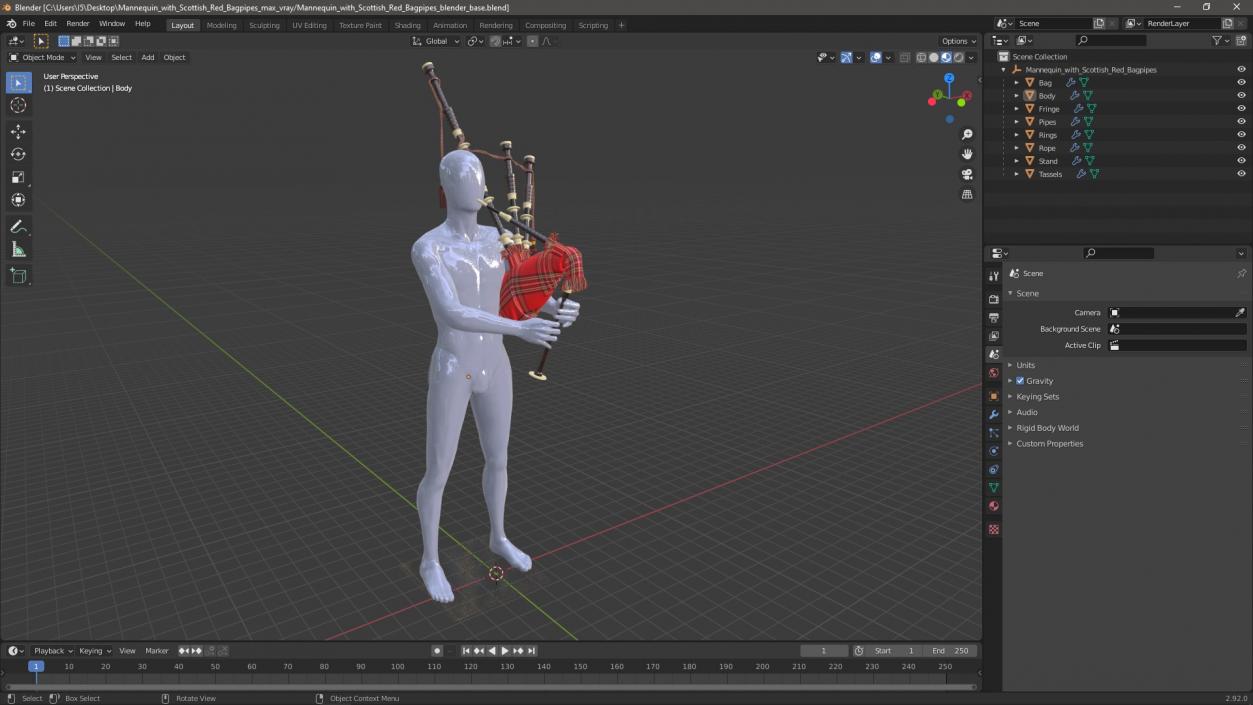 3D Mannequin with Scottish Red Bagpipes 2 model