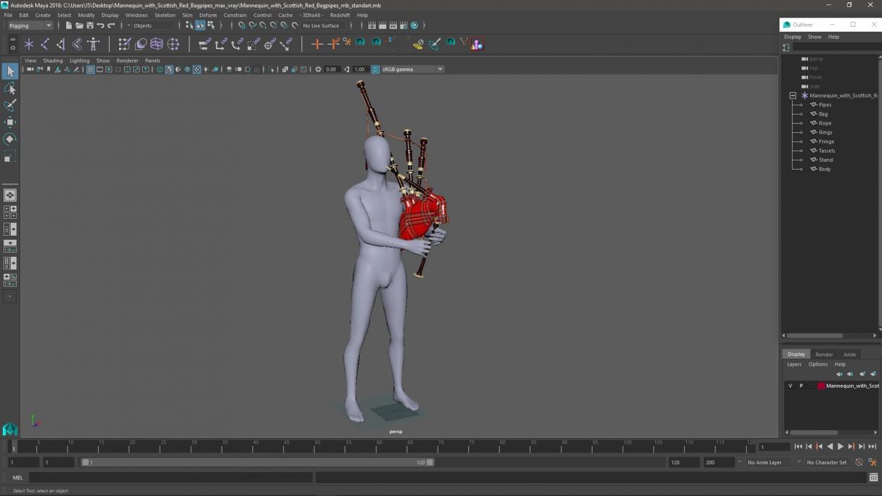 3D Mannequin with Scottish Red Bagpipes 2 model