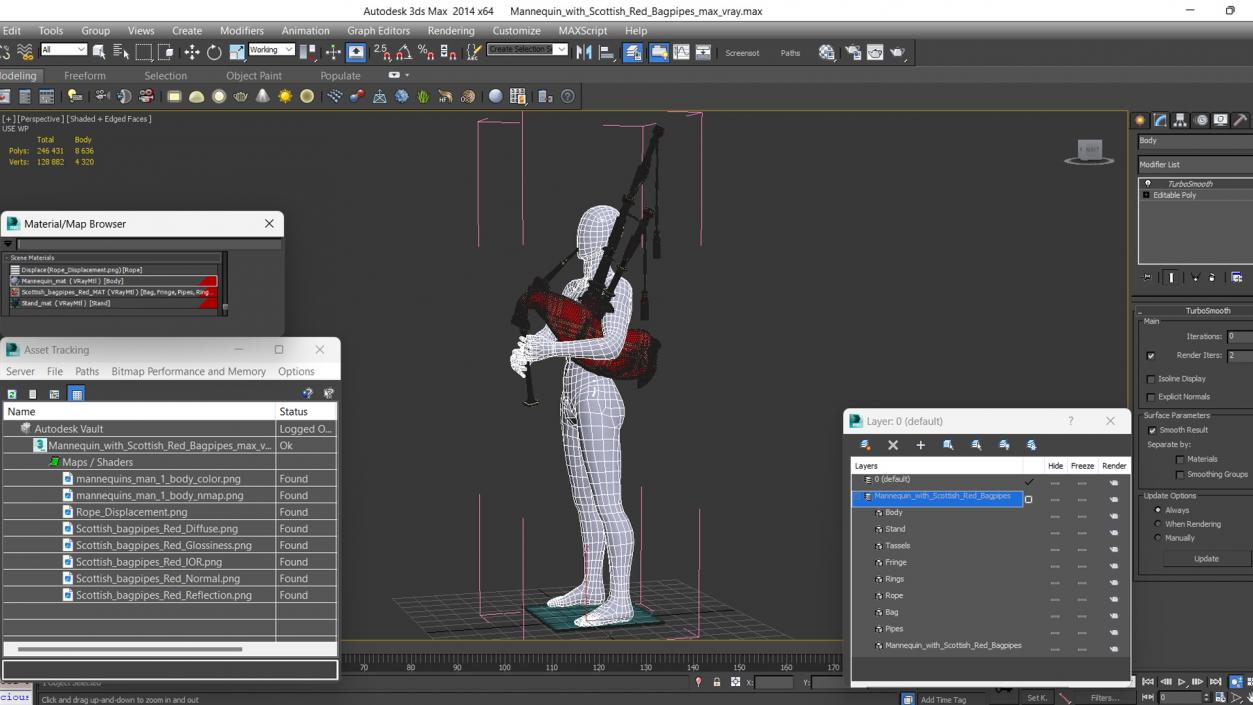 3D Mannequin with Scottish Red Bagpipes 2 model