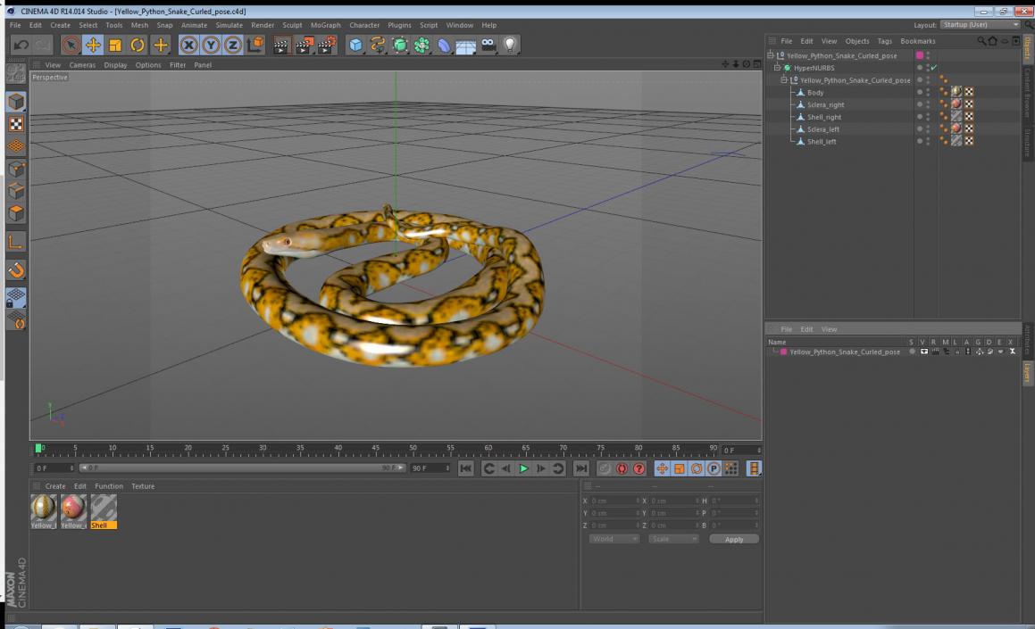 3D Yellow Python Snake Curled pose