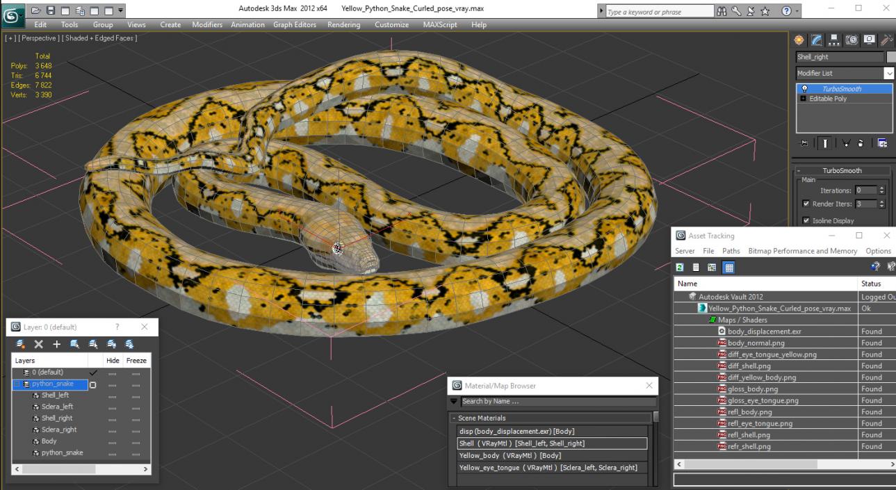 3D Yellow Python Snake Curled pose