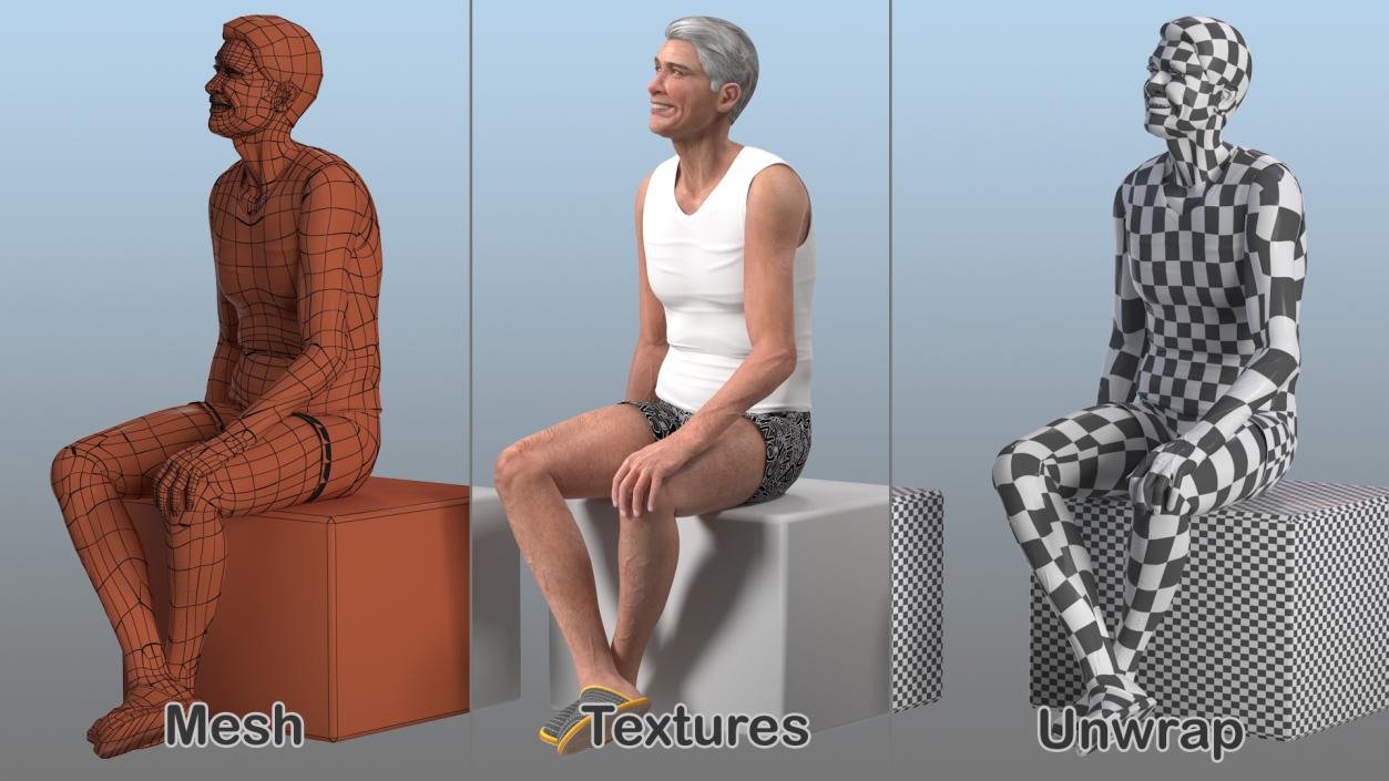 3D model Old Man Underwear Sitting Pose