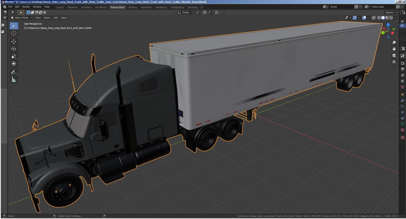 Heavy Duty Long Hood Truck with Semi Trailer 3D model