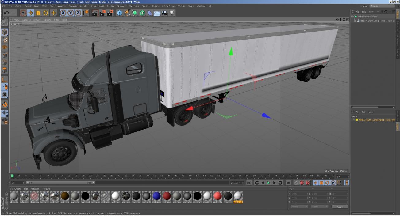 Heavy Duty Long Hood Truck with Semi Trailer 3D model