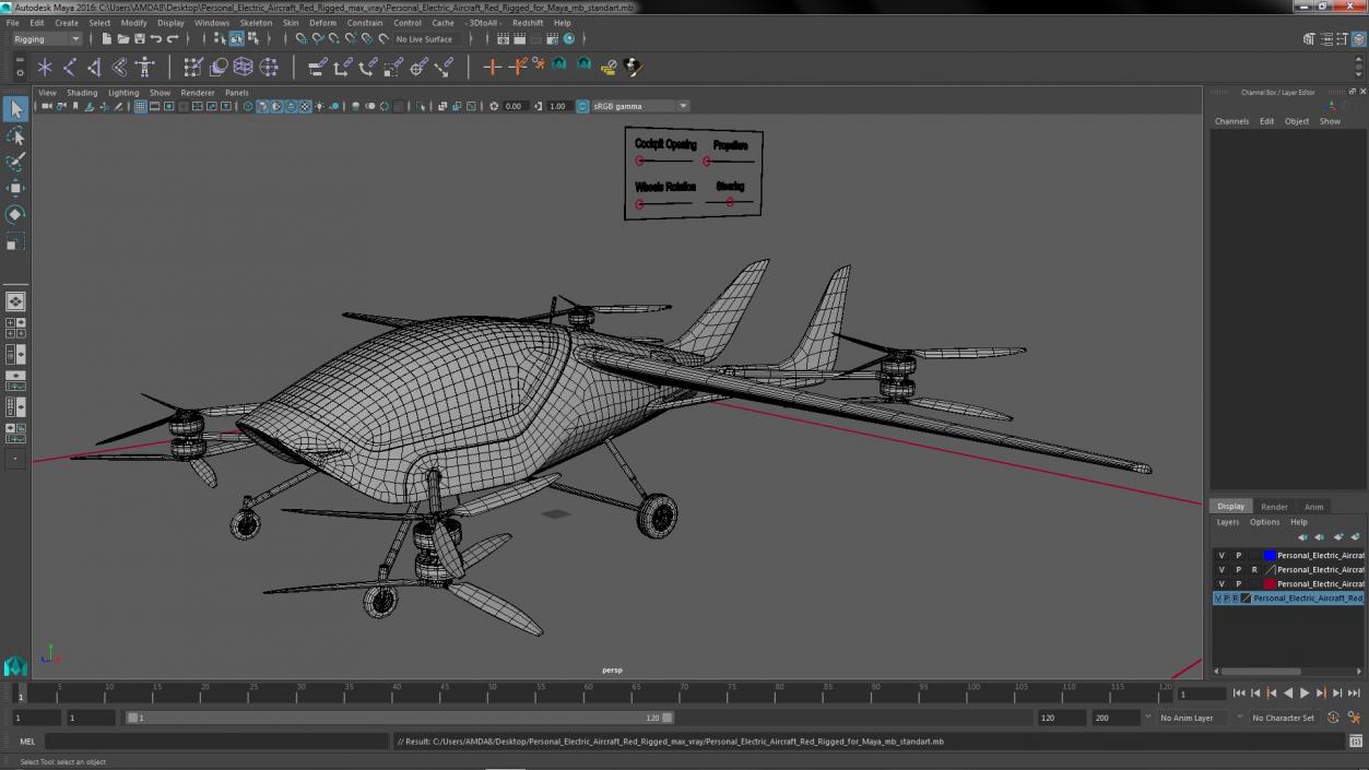 3D Personal Electric Aircraft Red Rigged for Maya