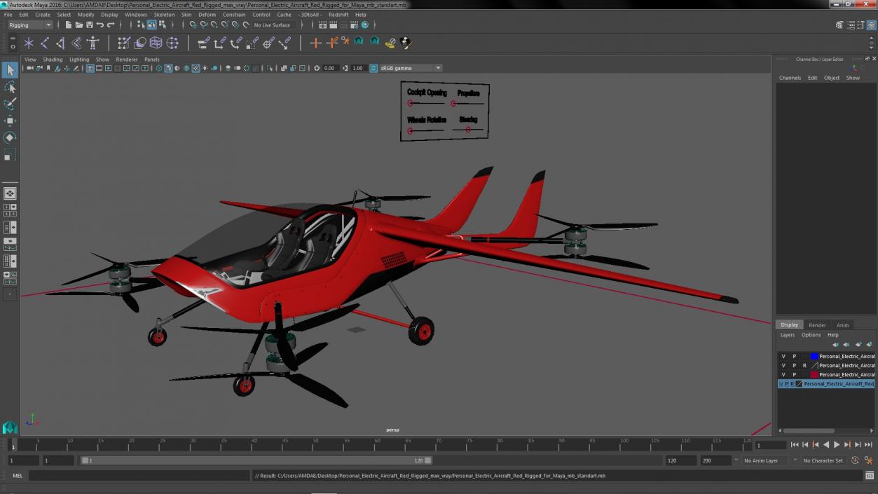 3D Personal Electric Aircraft Red Rigged for Maya