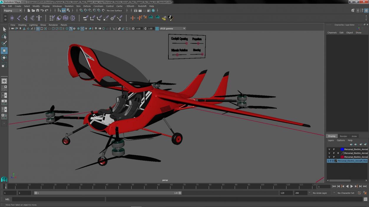 3D Personal Electric Aircraft Red Rigged for Maya