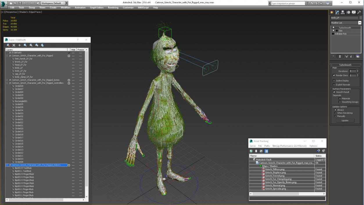 3D model Cartoon Grinch Character with Fur Rigged