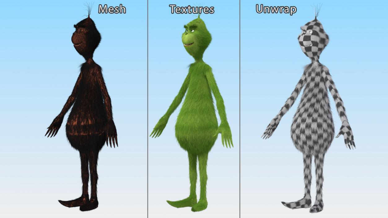 3D model Cartoon Grinch Character with Fur Rigged