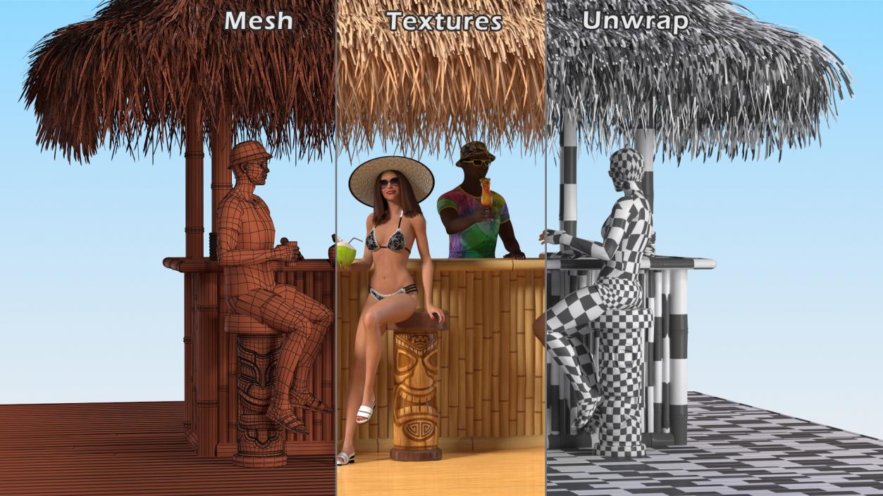 3D model Barman and People at Tiki Bar Rigged for Cinema 4D