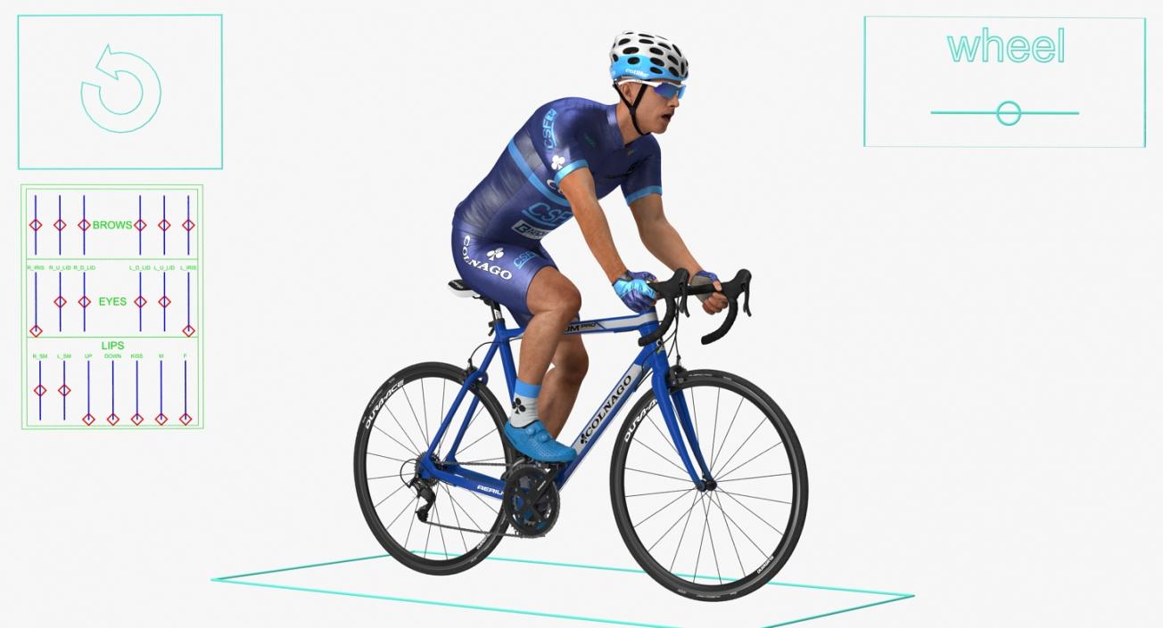 Athlete Cyclist in Blue Suit Riding Bike Rigged 3D