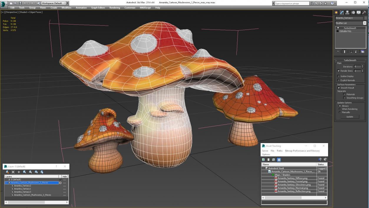 Amanita Cartoon Mushrooms 3 Pieces 3D model