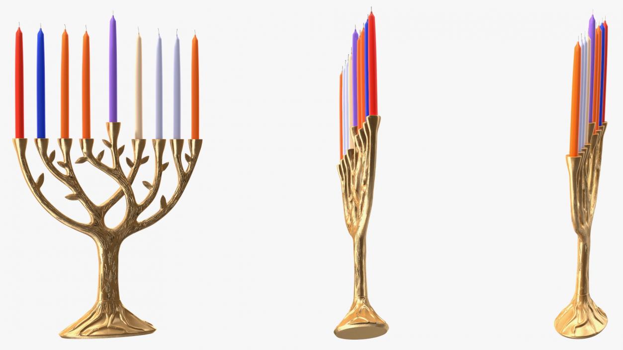 3D Hanukkah Menorah Gold Candelabrum with Candles