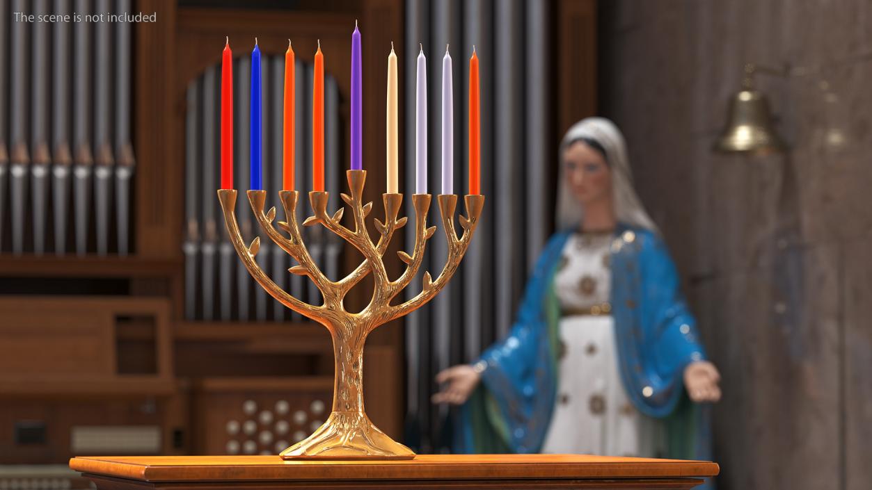 3D Hanukkah Menorah Gold Candelabrum with Candles