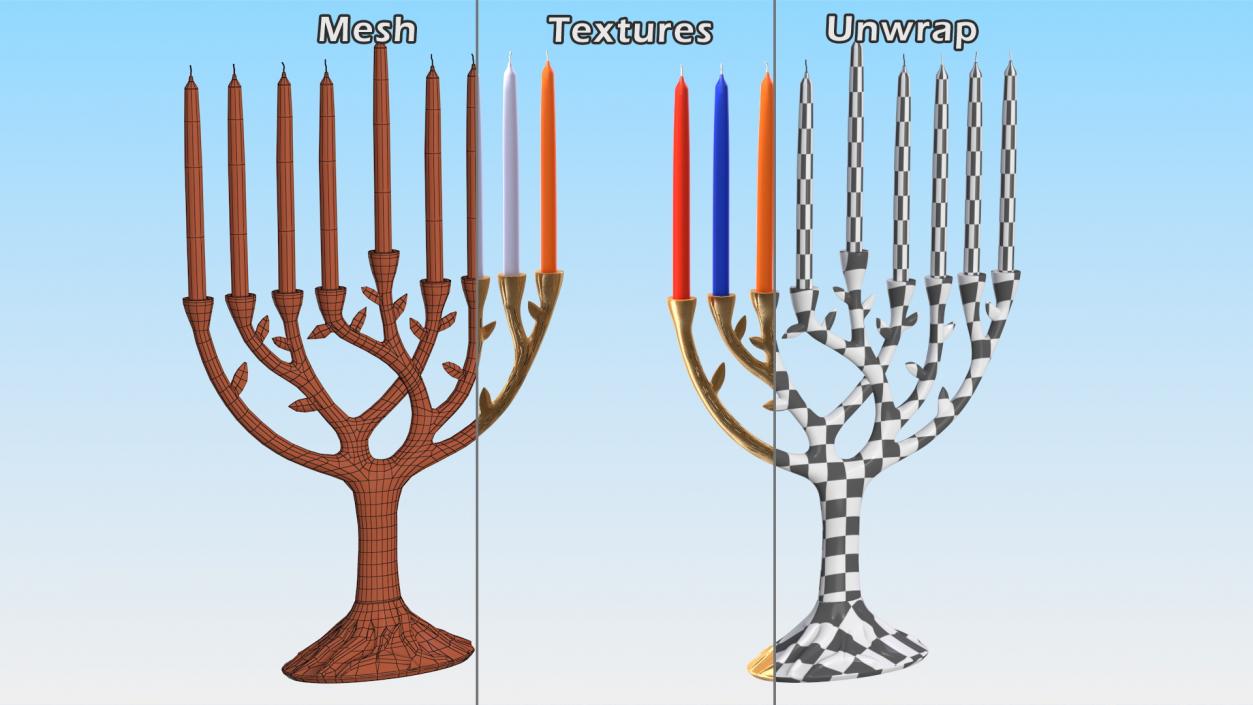 3D Hanukkah Menorah Gold Candelabrum with Candles