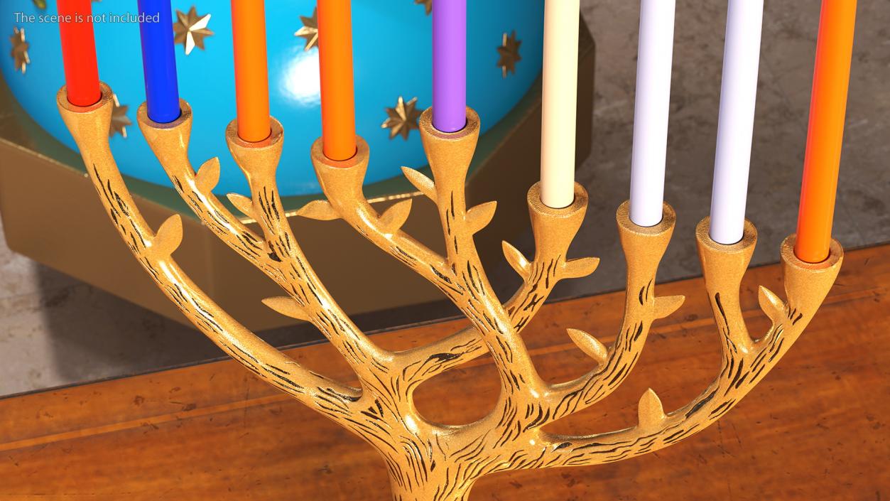 3D Hanukkah Menorah Gold Candelabrum with Candles