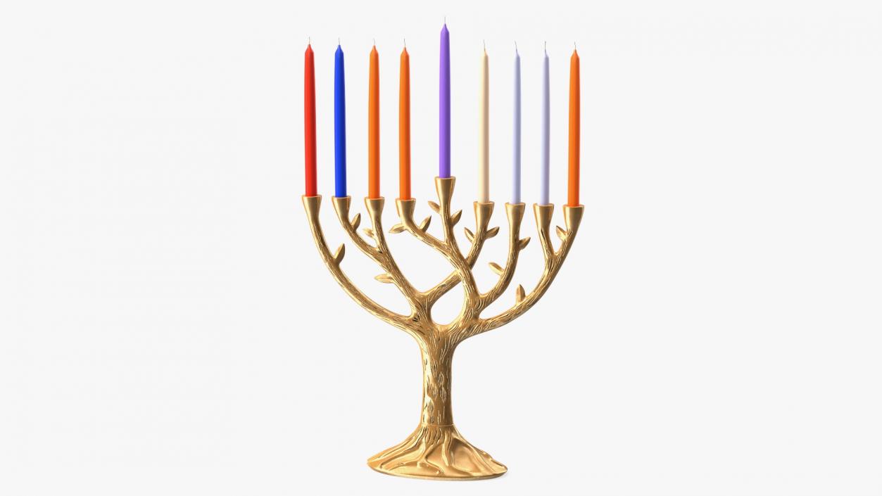 3D Hanukkah Menorah Gold Candelabrum with Candles