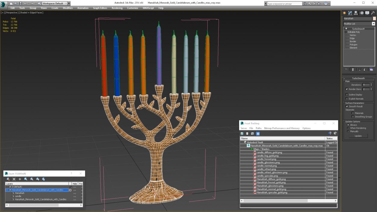 3D Hanukkah Menorah Gold Candelabrum with Candles