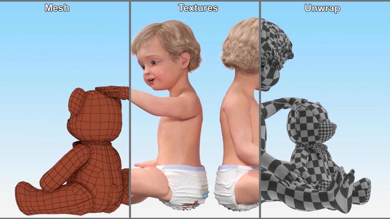 Kid Playing with Teddy Bear 3D