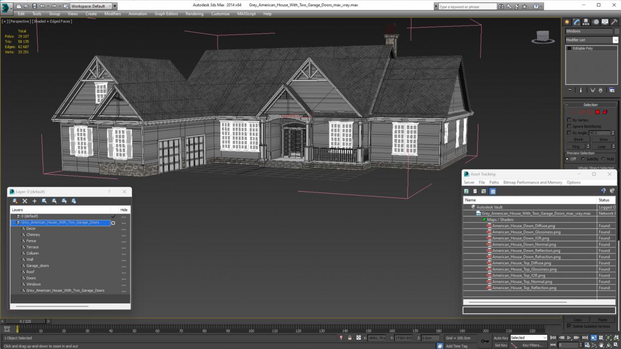 3D Grey American House With Two Garage Doors