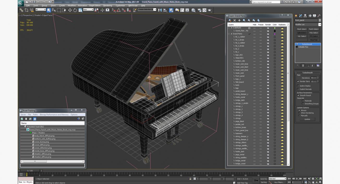 3D Grand Piano Fazioli with Music Notes Book