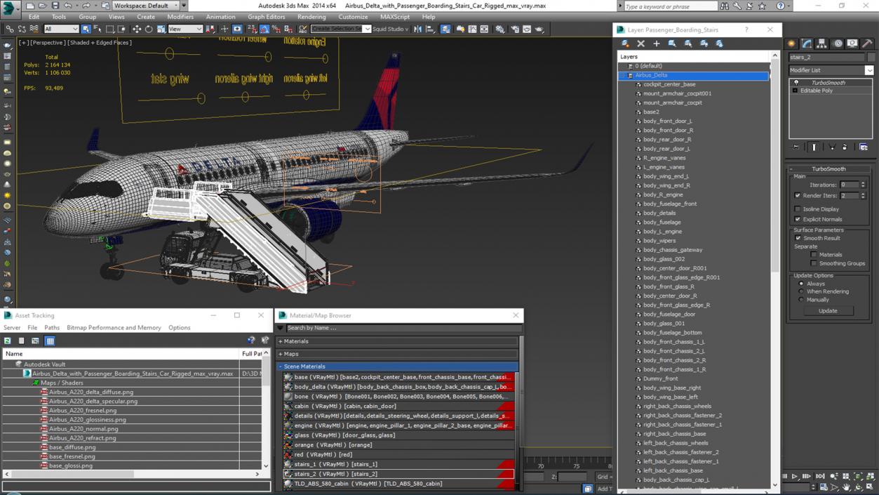 Airbus Delta with Passenger Boarding Stairs Car Rigged 3D model