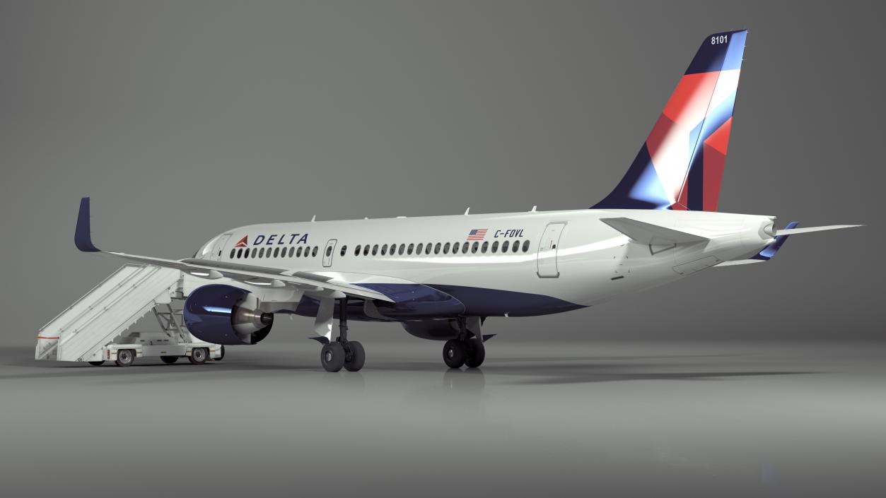 Airbus Delta with Passenger Boarding Stairs Car Rigged 3D model