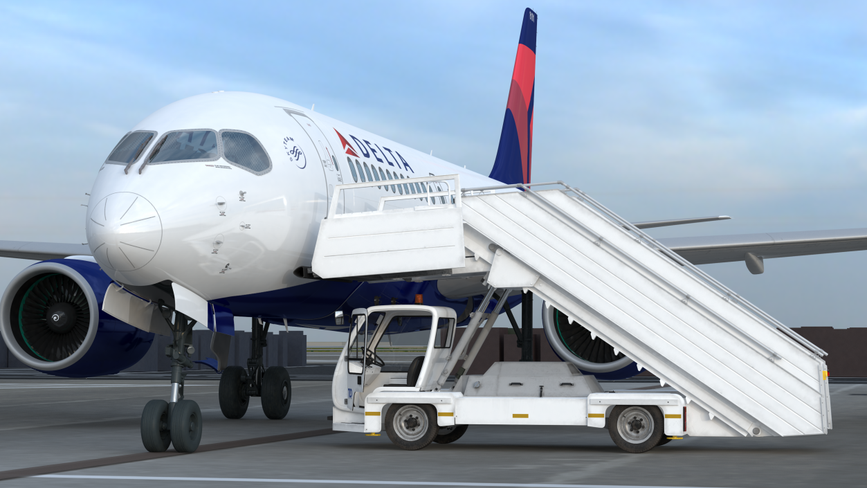 Airbus Delta with Passenger Boarding Stairs Car Rigged 3D model