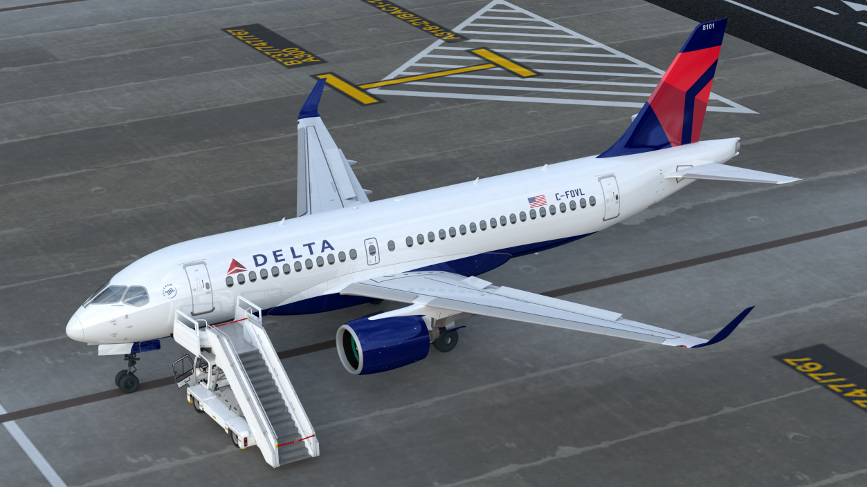 Airbus Delta with Passenger Boarding Stairs Car Rigged 3D model