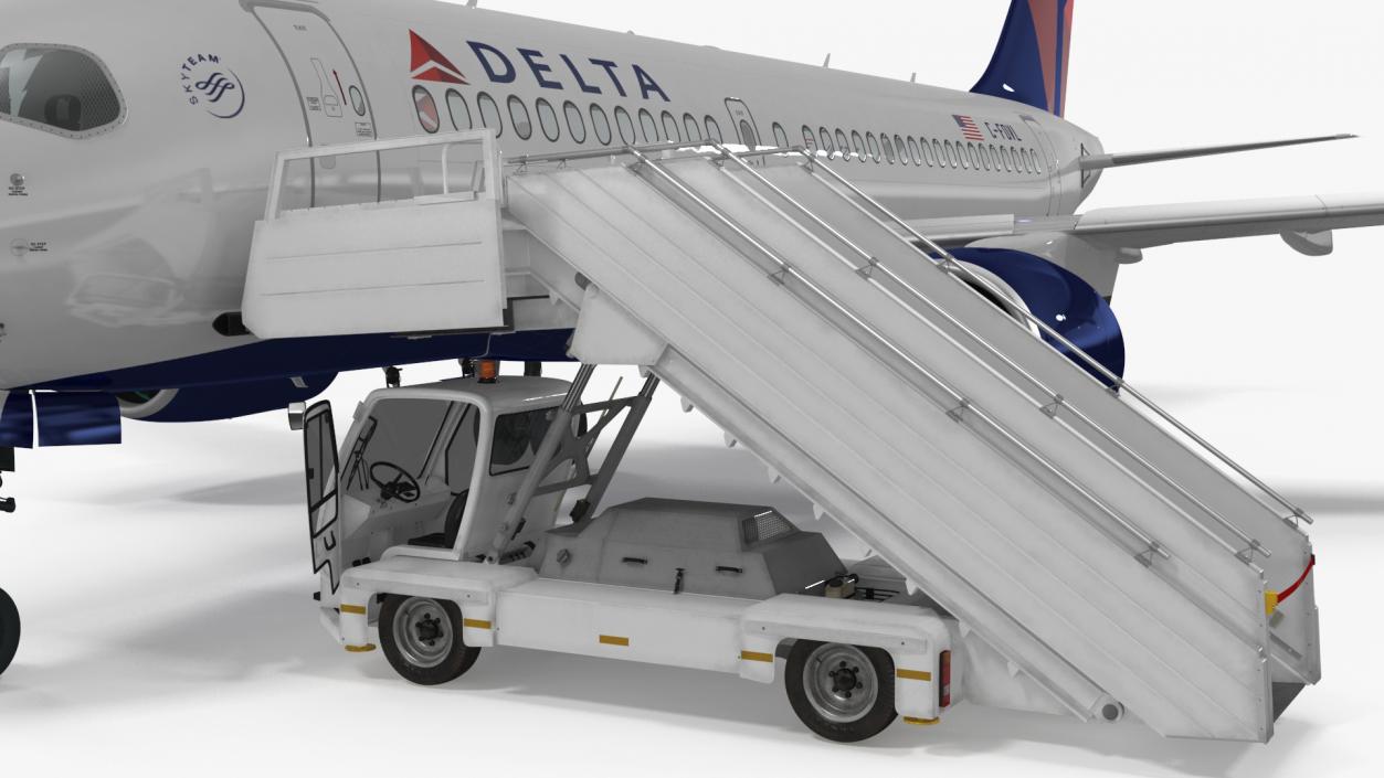 Airbus Delta with Passenger Boarding Stairs Car Rigged 3D model