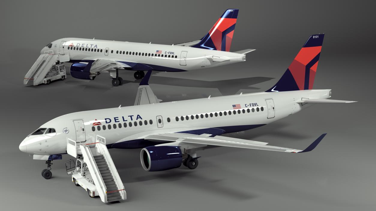 Airbus Delta with Passenger Boarding Stairs Car Rigged 3D model