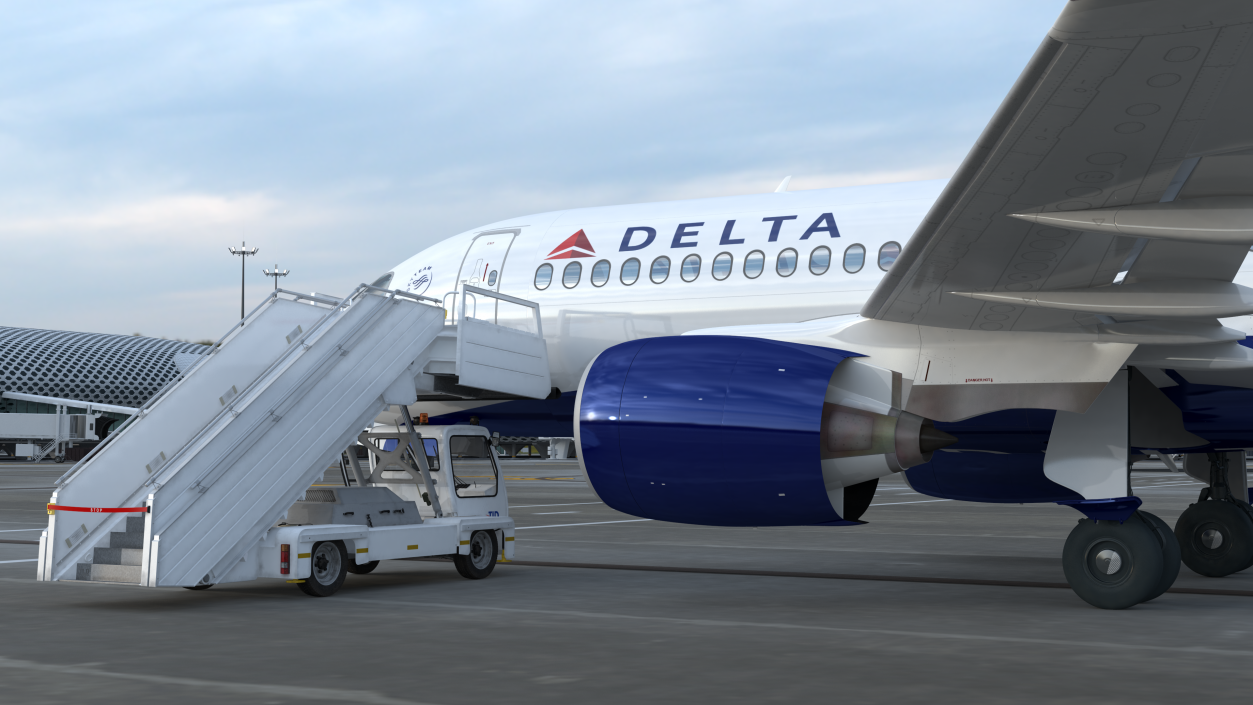 Airbus Delta with Passenger Boarding Stairs Car Rigged 3D model